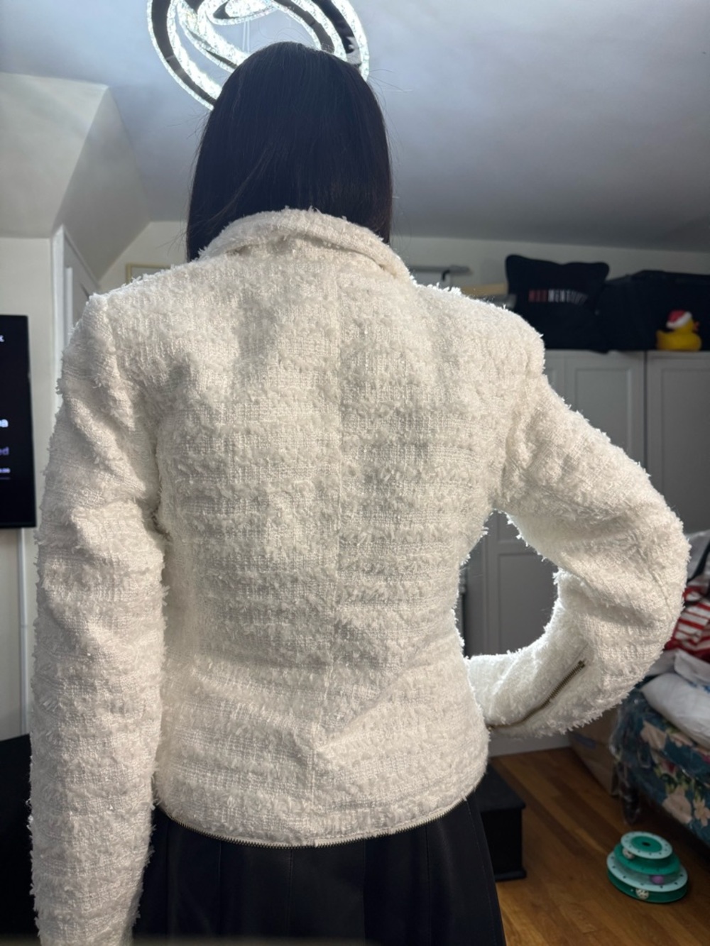 AKIRA White Tweed Blazer Double Breasted Gold Button Chic Designer Style NWT - Picture 4 of 4